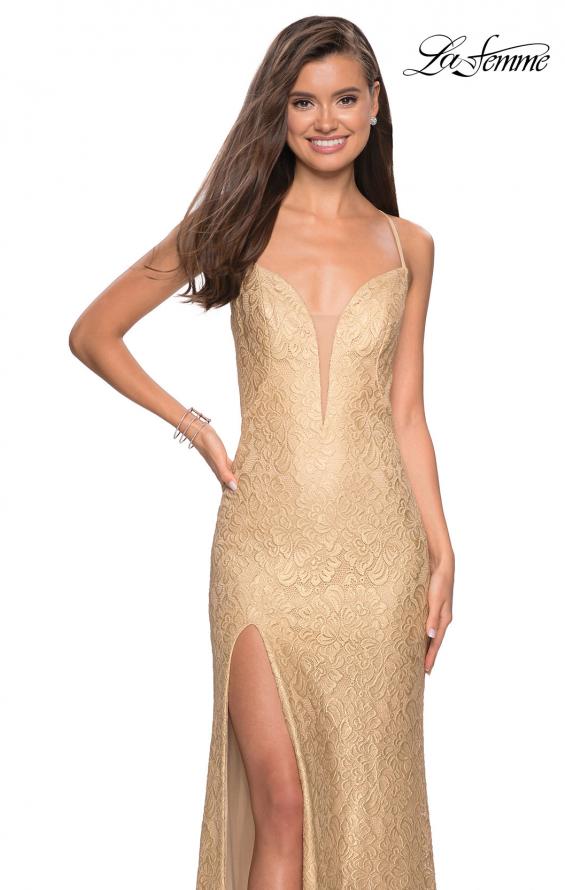 Picture of: Gold Stretch Lace Prom Dress with Strappy Back and Slit in Gold, Style: 27725, Detail Picture 1