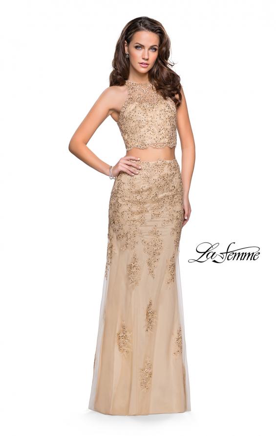 Picture of: Beaded Lace Two Piece Prom Dress with High Neckline in Gold, Style: 26294, Detail Picture 2