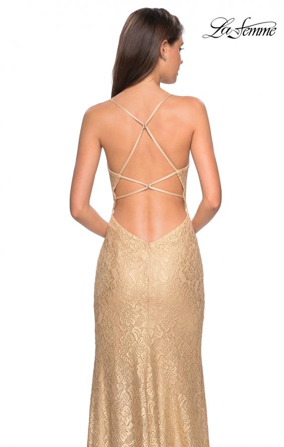 Picture of: Gold Stretch Lace Prom Dress with Strappy Back and Slit in Gold, Style: 27725, Detail Picture 2