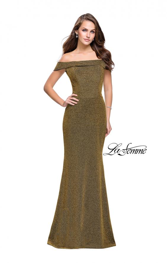 Picture of: Long Off the Shoulder Prom Dress with Flare Bottom in Gold, Style: 25444, Detail Picture 2