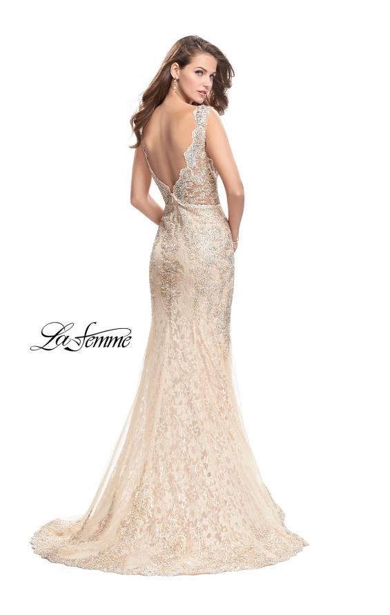 Picture of: Form Fitting Mermaid Lace Dress with Metallic Beading in Gold Nude, Style: 26125, Back Picture
