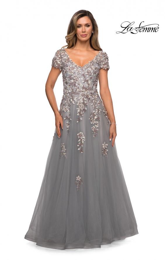 Picture of: Short Sleeve A-line Gown with Beaded Lace Appliques in Gray, Style: 27968, Main Picture