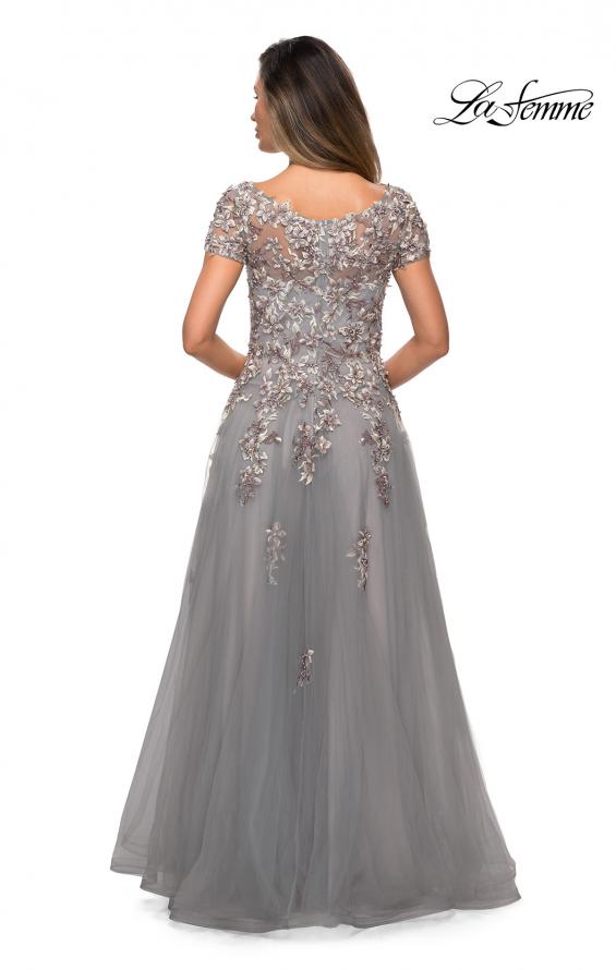 Picture of: Short Sleeve A-line Gown with Beaded Lace Appliques in Gray, Style: 27968, Back Picture