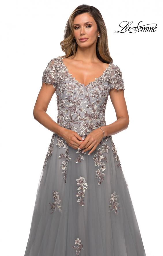 Picture of: Short Sleeve A-line Gown with Beaded Lace Appliques in Gray, Style: 27968, Detail Picture 1