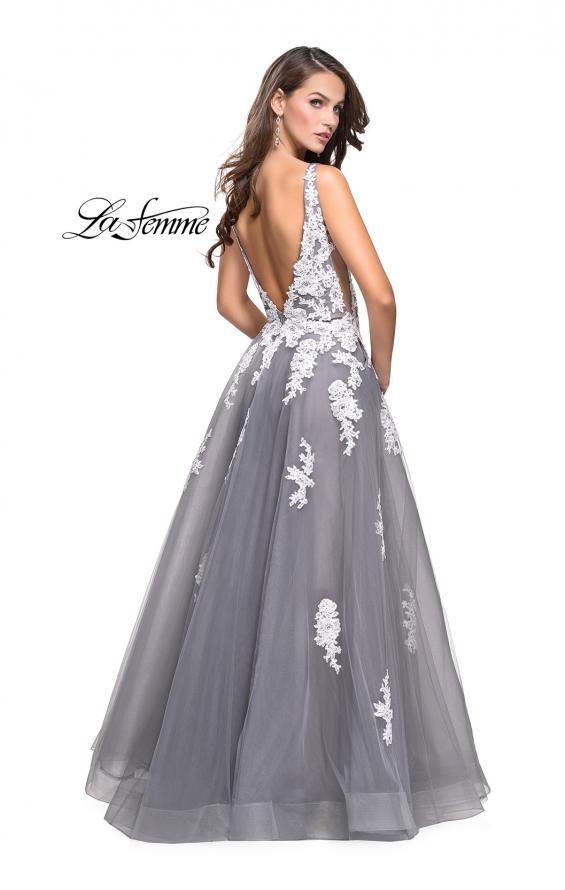 Picture of: Long Tulle Ball Gown with Lace Applique and Side Cut Outs in Gray White, Style: 25624, Back Picture