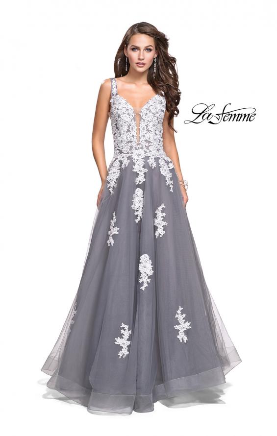 Picture of: Long Tulle Ball Gown with Lace Applique and Side Cut Outs in Gray White, Style: 25624, Detail Picture 2