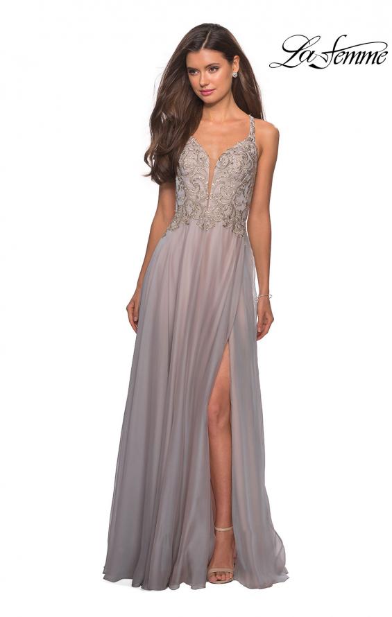 Picture of: Chiffon Long Dress with V Neck and Lace in Grey Pink, Style: 27729, Main Picture