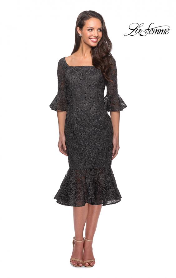 Picture of: Knee Length Lace Dress with Flared 3/4 Sleeves in Gunmetal, Style: 25523, Main Picture