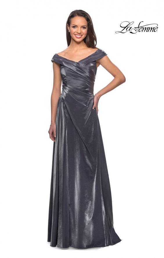 Picture of: Off the Shoulder Satin Gown with Ruching in Gunmetal, Style: 27846, Main Picture