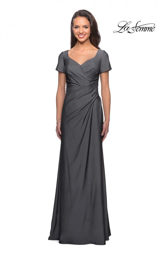 Picture of: Short Sleeve Floor Length Gown with Ruching in Gunmetal, Style: 27855, Main Picture