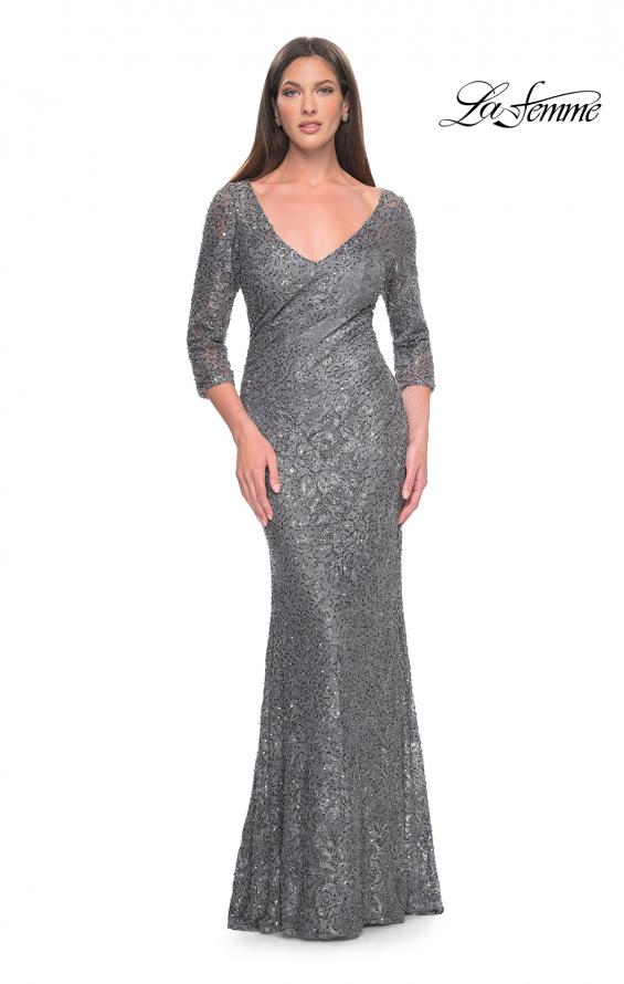 Picture of: Fitted Beaded Lace Evening Gown with Ruching in Gunmetal, Style: 31721, Main Picture