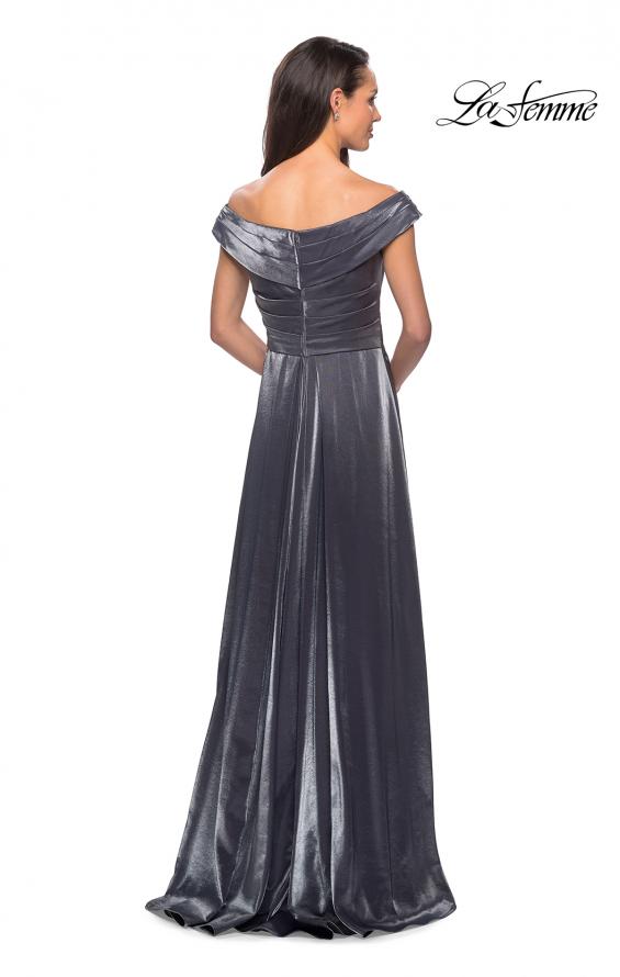 Picture of: Off the Shoulder Satin Gown with Ruching in Gunmetal, Style: 27846, Back Picture