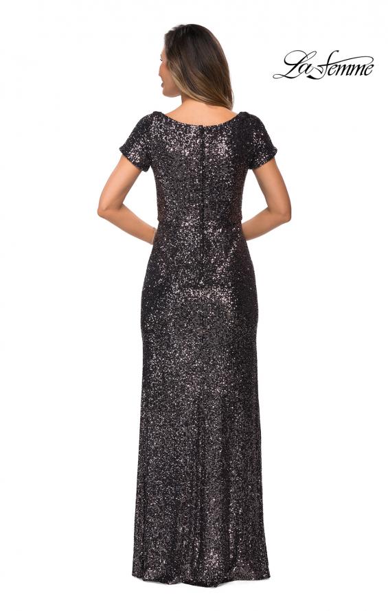Picture of: Long Sequin Evening Dress with Cap Sleeves in Gunmetal, Style: 27916, Back Picture