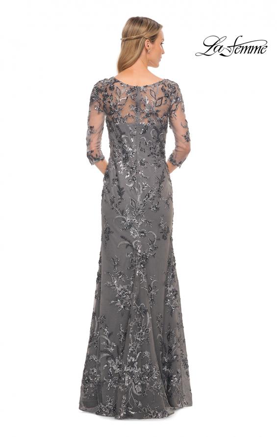 Picture of: Exquisite Lace Beaded Long GOwn with Sheer Sleeves in Silver, Style: 29976, Back Picture