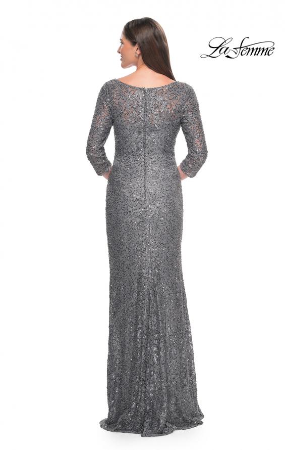 Picture of: Fitted Beaded Lace Evening Gown with Ruching in Gunmetal, Style: 31721, Back Picture