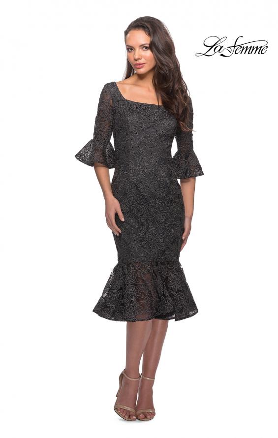 Picture of: Knee Length Lace Dress with Flared 3/4 Sleeves in Gunmetal, Style: 25523, Detail Picture 1