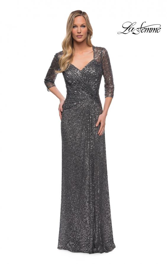 Picture of: Sequin Evening Gown with Knot Detail on Front in Gunmetal, Detail Picture 1