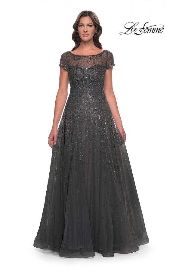 Picture of: Beaded A-Line Dress with Illusion Neckline and Sleeves in Gunmetal, Style: 30852, Detail Picture 1