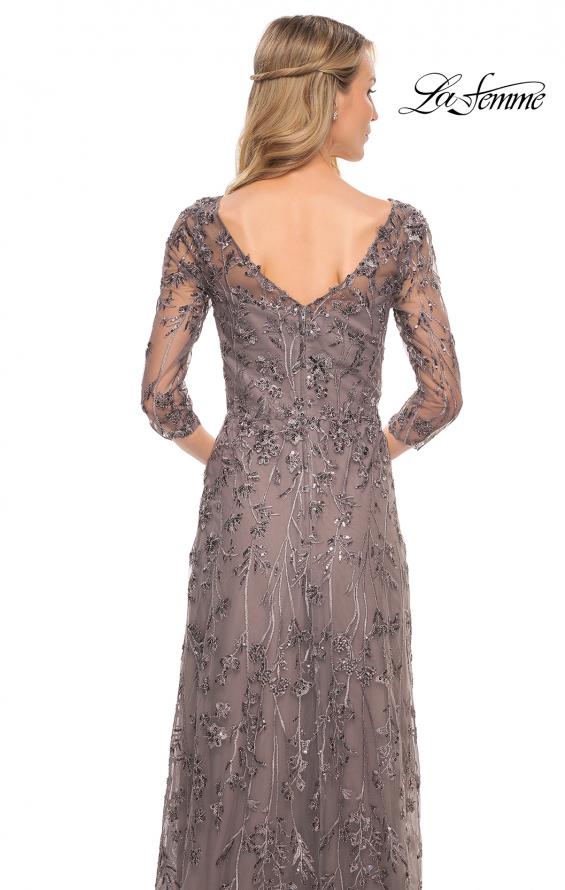 Picture of: Beaded Lace Gown with V Neckline and Sheer Sleeves in Silver, Style: 29994, Detail Picture 2