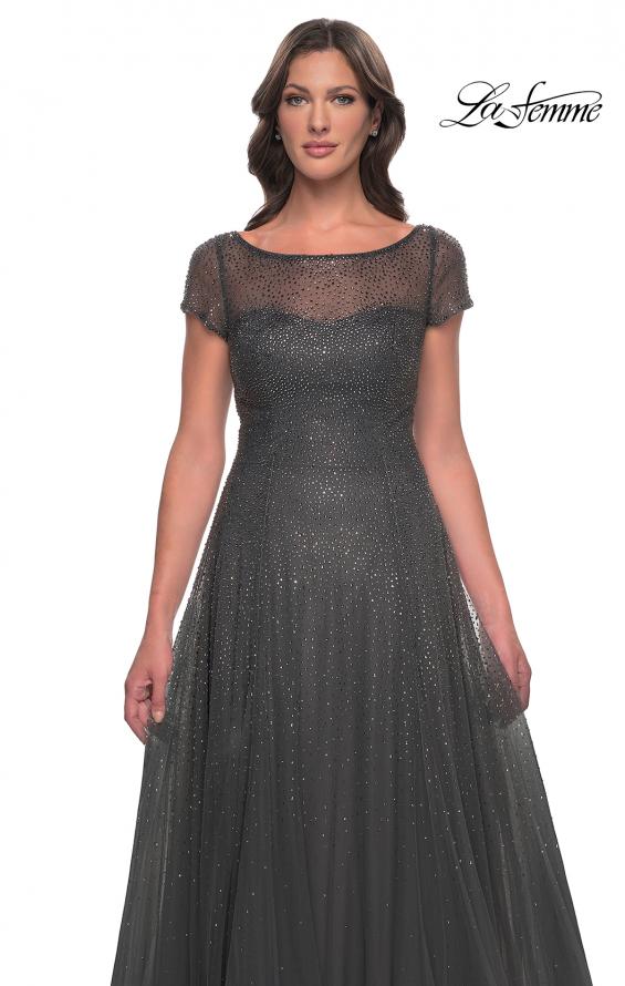 Picture of: Beaded A-Line Dress with Illusion Neckline and Sleeves in Gunmetal, Style: 30852, Detail Picture 5