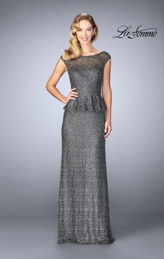 Picture of: Lace A-line Gown With Sheer Neckline and Peplum in Gunmetal, Style: 24896, Main Picture