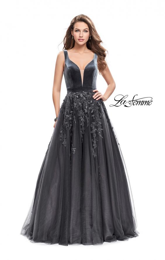 Picture of: A-line Prom Gown with Tulle Skirt and Velvet Bodice in Gunmetal, Style: 26382, Main Picture