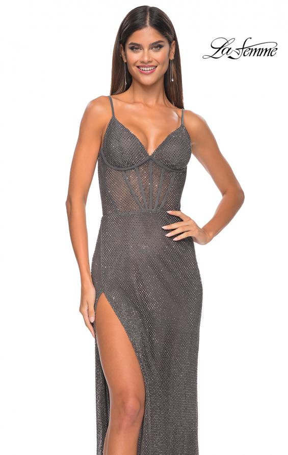 Picture of: Rhinestone Fishnet Dress with Bustier Top and Slit in Gunmetal, Style: 32285, Detail Picture 11