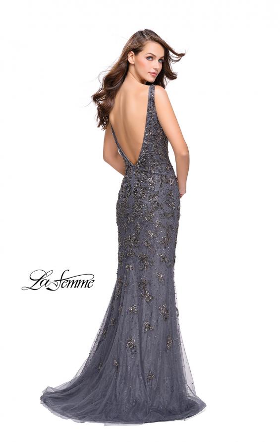 Picture of: Form Fitting Prom Dress with Metallic Beading and V Neck in Gunmetal, Style: 26054, Back Picture