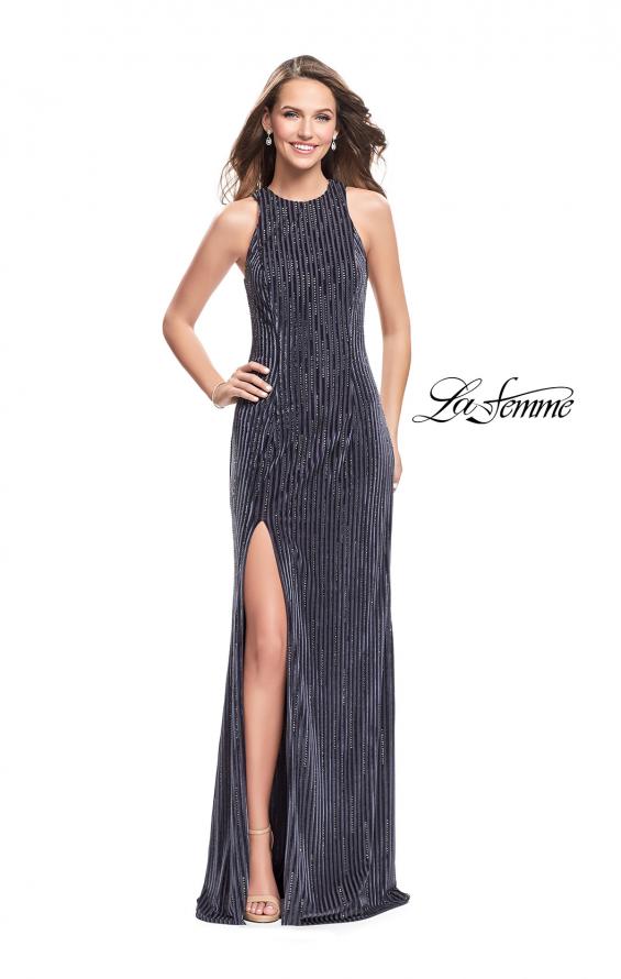 Picture of: Beaded Velvet Patterned Long Prom Dress with Slit in Gunmetal, Style: 26116, Detail Picture 2