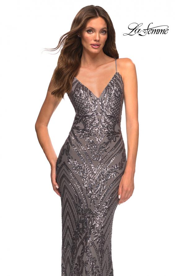 Picture of: Print Sequin Gown in Jewel Tones with V Neckline in Silver, Style: 30496, Detail Picture 2