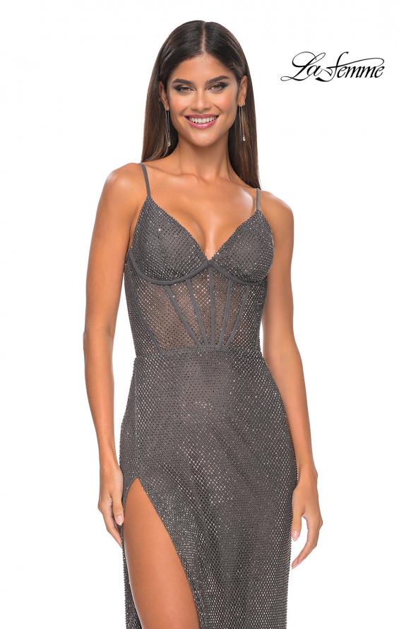 Picture of: Rhinestone Fishnet Dress with Bustier Top and Slit in Gunmetal, Style: 32285, Detail Picture 2