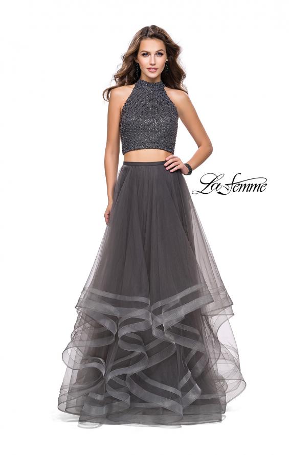 Picture of: Two Piece Prom Gown with Ruffle Tulle Skirt and Beading in Gunmetal, Style: 26077, Detail Picture 3