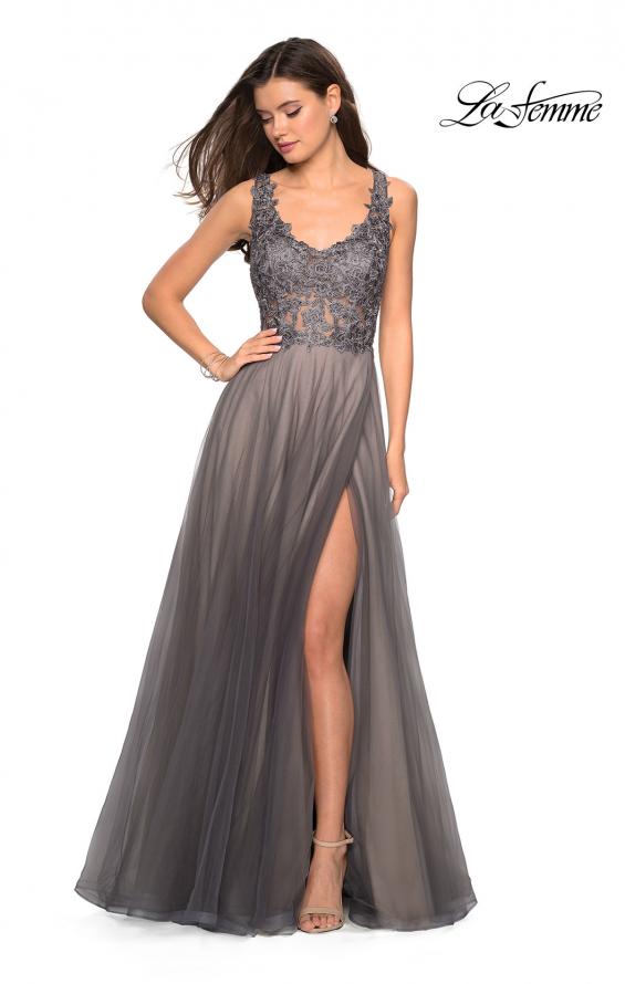 Picture of: Long Tulle Gown with Embellished Sheer Bodice in Gunmetal, Style: 27574, Detail Picture 5