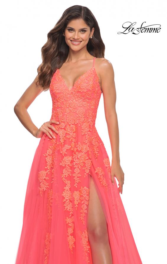 Picture of: Tulle Prom Dress with Lace Detail in Hot Coral in Orange, Style: 30637, Detail Picture 1