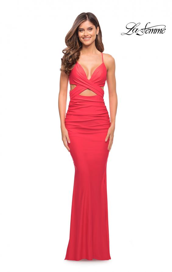 Picture of: Long Jersey Gown with Front and Side Cut Outs in Hot Coral, Style: 30640, Detail Picture 5