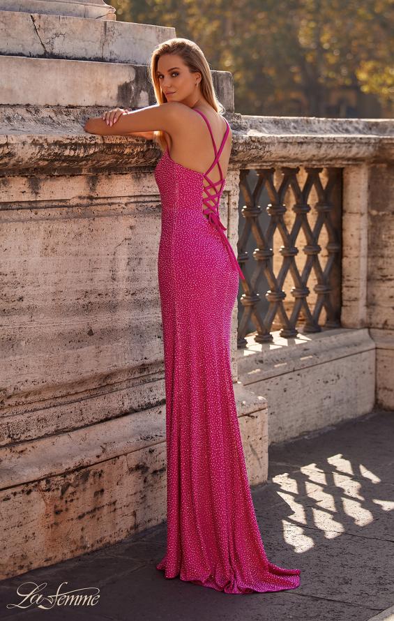 Picture of: Rhinestone Embellished Jersey Gown with Square Neckline in Hot Fuchsia, Style: 32058, Back Picture