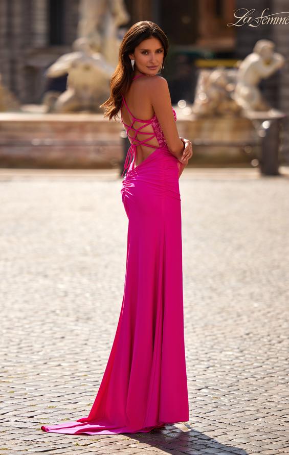 Picture of: Neon Illusion Lace Bodice Prom Dress with Rhinestones in Hot Fuchsia, Style: 32321, Back Picture