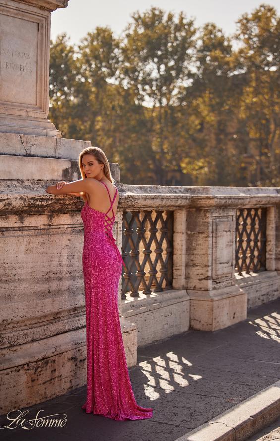Picture of: Rhinestone Embellished Jersey Gown with Square Neckline in Hot Fuchsia, Style: 32058, Detail Picture 2