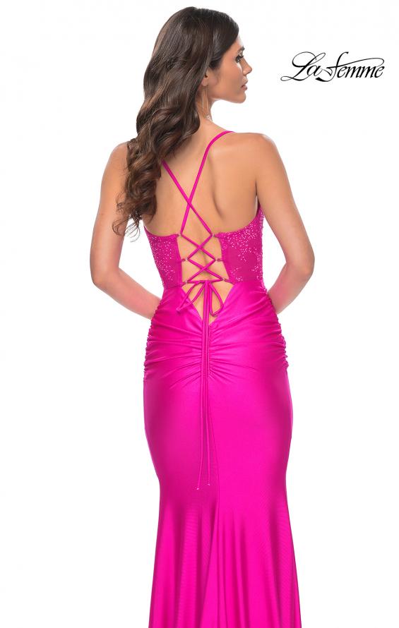 Picture of: Neon Ruched Jersey Dress with Illusion Corset Lace Top in Pink, Style: 32322, Detail Picture 8