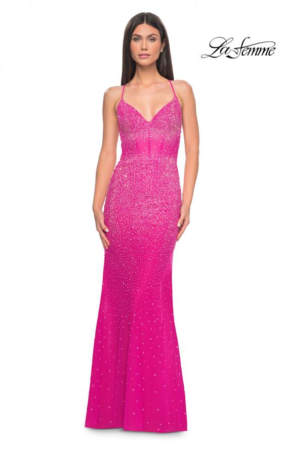 Picture of: Stunning Rhinestone Embellished Fitted Tulle Dress in Hot Fuchsia, Style: 32007, Detail Picture 9