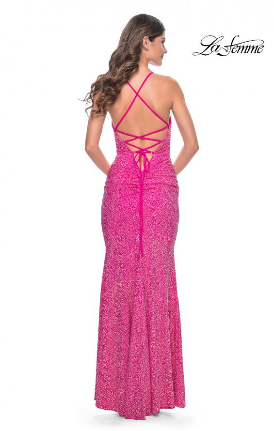 Picture of: Neon Rhinestone Embellished Ruched Prom Dress with Draped Neckline in Hot Fuchsia, Style: 31968, Back Picture