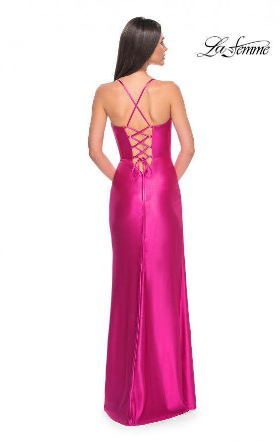 Picture of: Neon Stretch Satin Gown with Bustier Top and Lace Up Back in Hot Fuchsia, Style: 32262, Back Picture