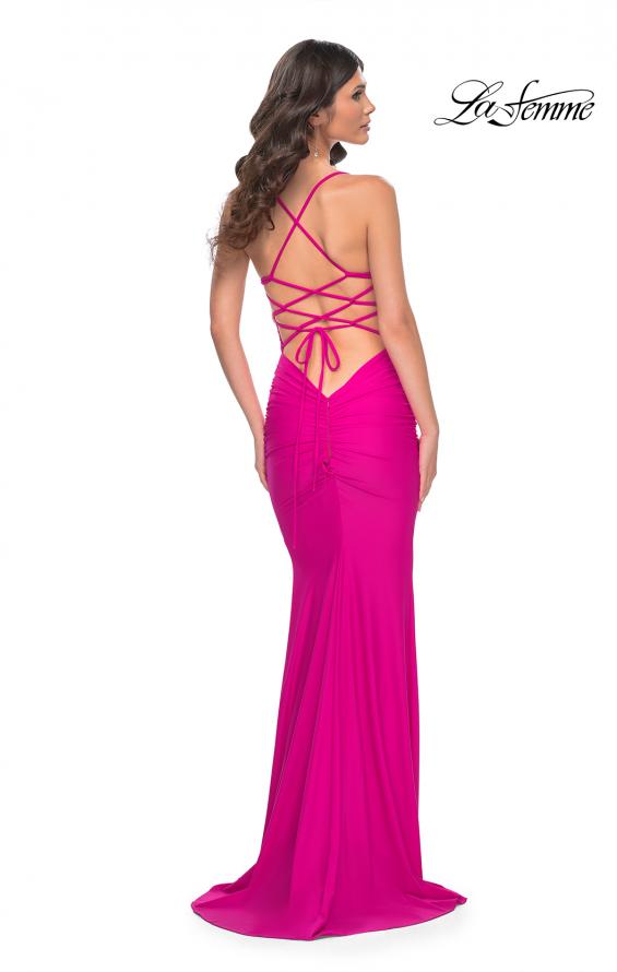 Picture of: Neon Ruched Jersey Dress with Rhinestone Mesh Draped Top in Pink, Style: 32320, Back Picture
