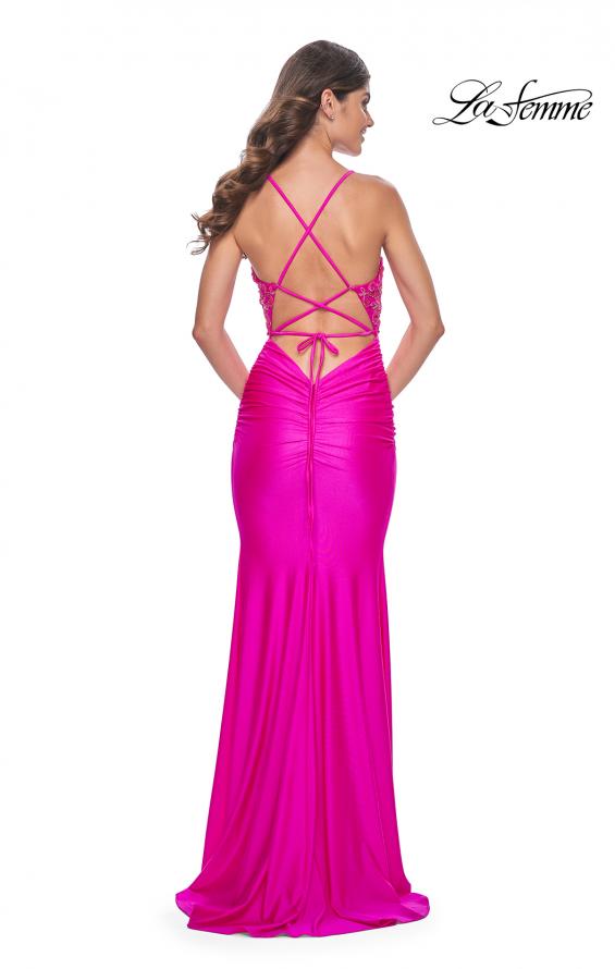Picture of: Neon Beaded Illusion Top with Ruched Jersey Skirt Prom Dress in Hot Fuchsia, Style: 32324, Back Picture