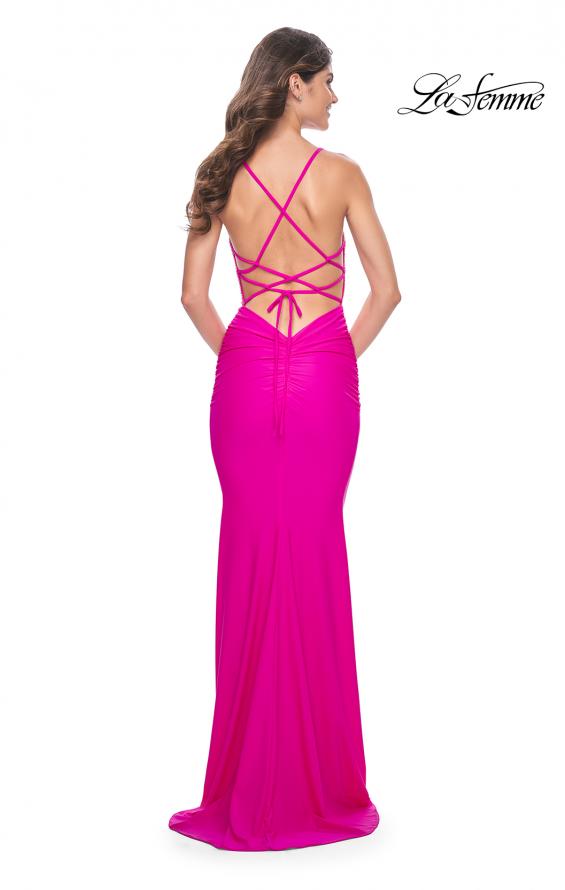 Picture of: Neon Gorgeous Rhinestone Bodice with Ruched Jersey Skirt Prom Dress in Hot Fuchsia, Style: 32325, Back Picture