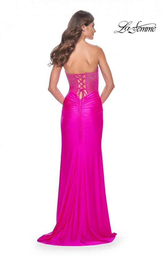 Picture of: Neon Rhinestone Bustier Prom Dress with Ruching in Hot Fuchsia, Style: 32326, Back Picture