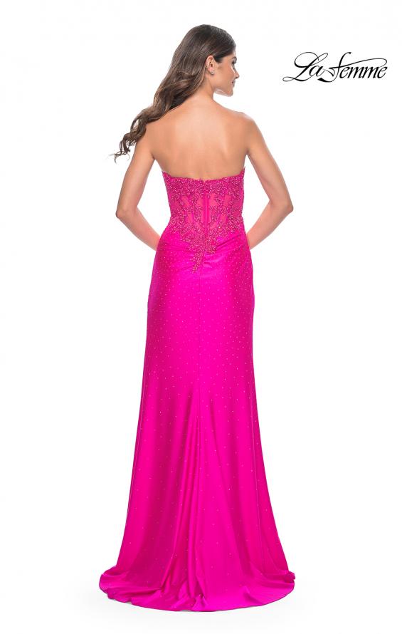 Picture of: Neon Ruched Jersey Skirt with Lace Illusion Top and Rhinestone Prom Dress in Hot Fuchsia, Style: 32329, Back Picture