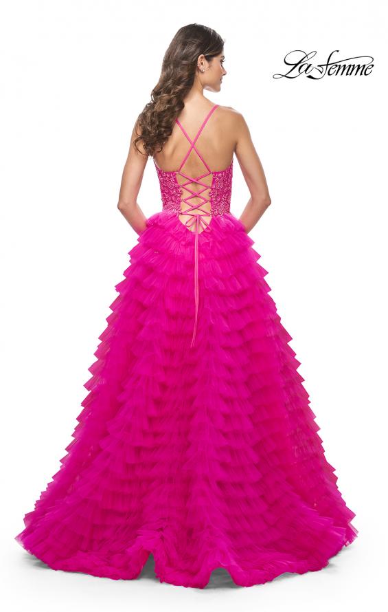 Picture of: Neon Ruffle Tulle Prom Gown with Illusion Lace Bodice and High Slit in Hot Fuchsia, Style: 32334, Back Picture