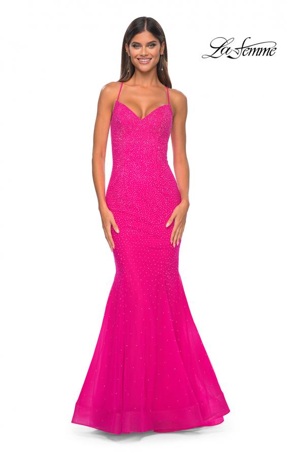Picture of: Mermaid Prom Dress with Rhinestones and Lace Up Back in Hot Fuchsia, Style: 32273, Detail Picture 1