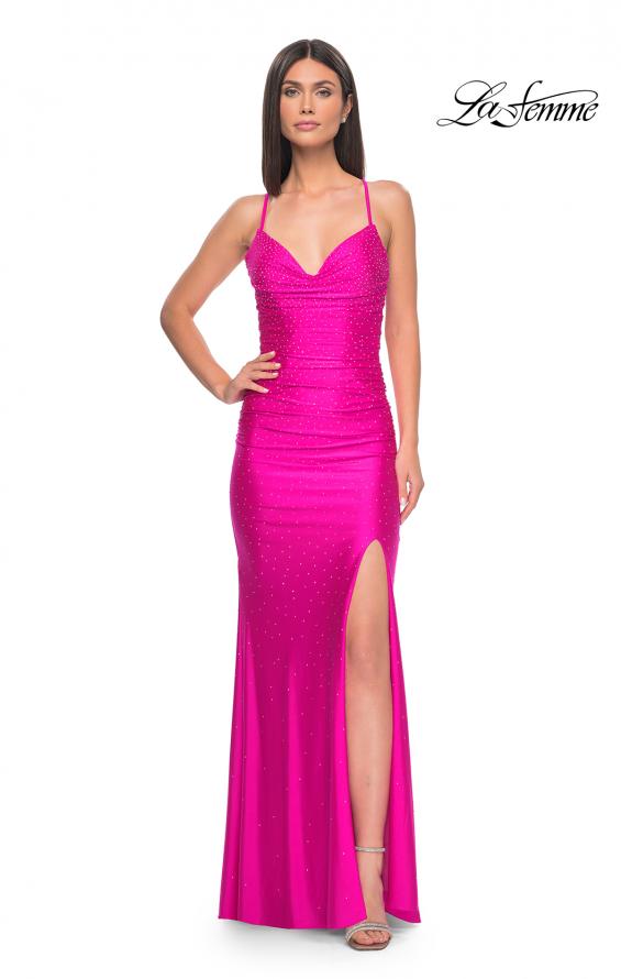 Picture of: Rhinestone Jersey Dress with Slit and Ruching in Hot Fuchsia, Style: 32317, Detail Picture 1
